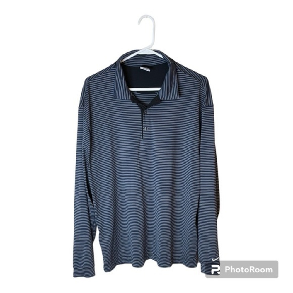 Nike Dri-Fit UV Long Sleeve Golf Striped Polo Tan Blue Black Size Large - Picture 1 of 9